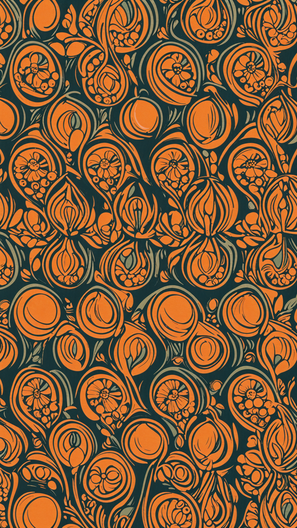 A pattern of orange flowers arranged in a circular pattern on a blue background.