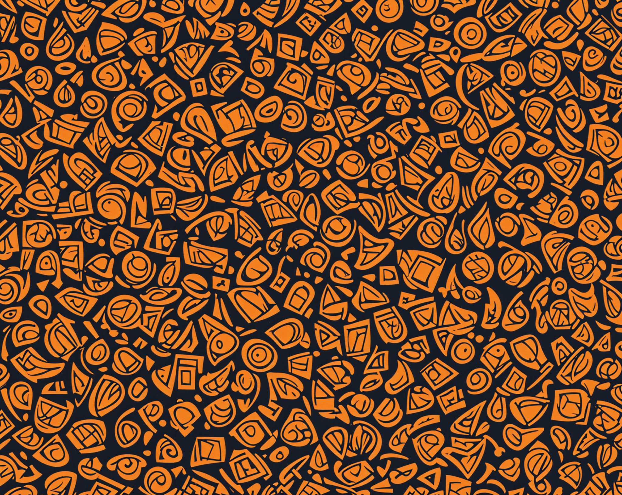 A patterned orange and black surface with a variety of shapes and designs.