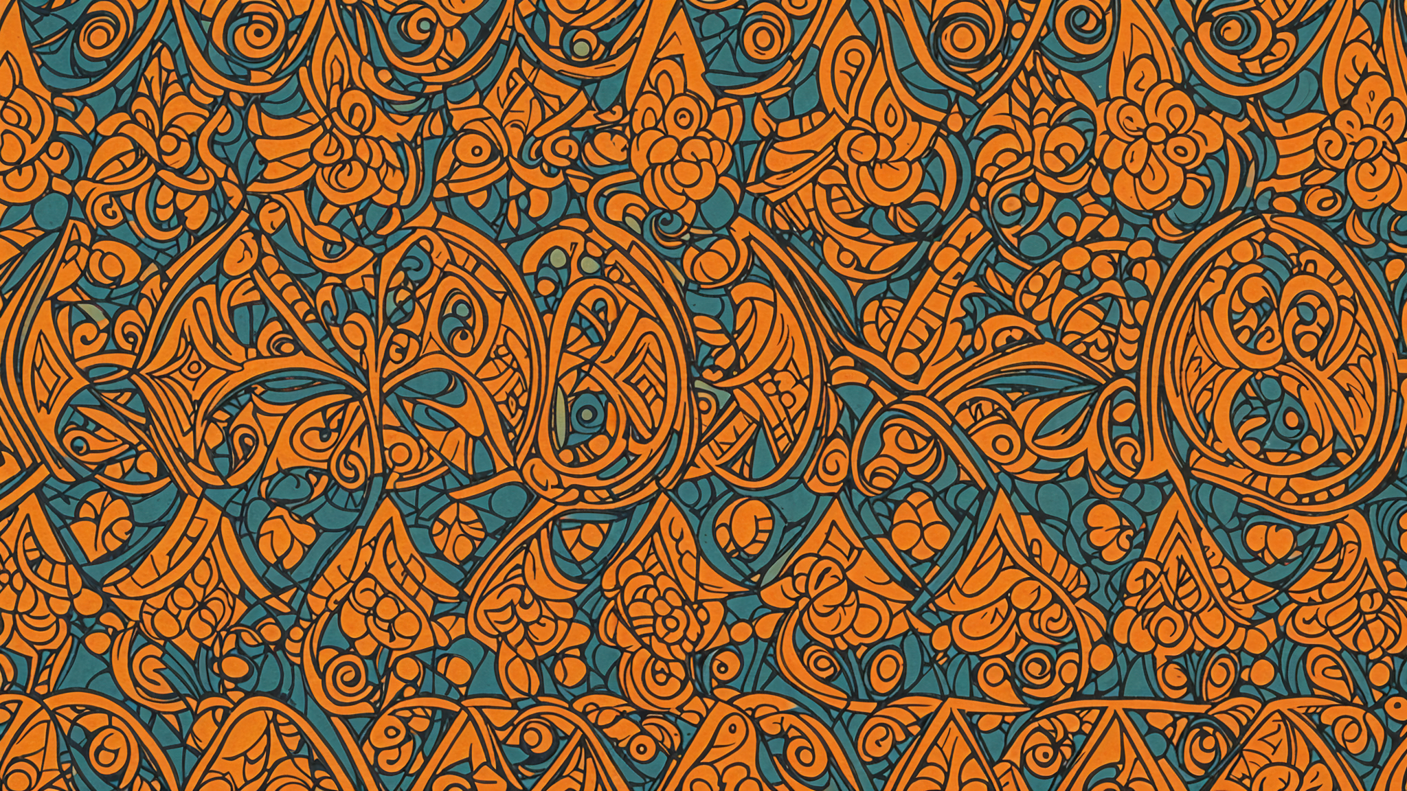 A pattern of orange and blue flowers arranged in a repeating pattern. The design is reminiscent of a Persian carpet.