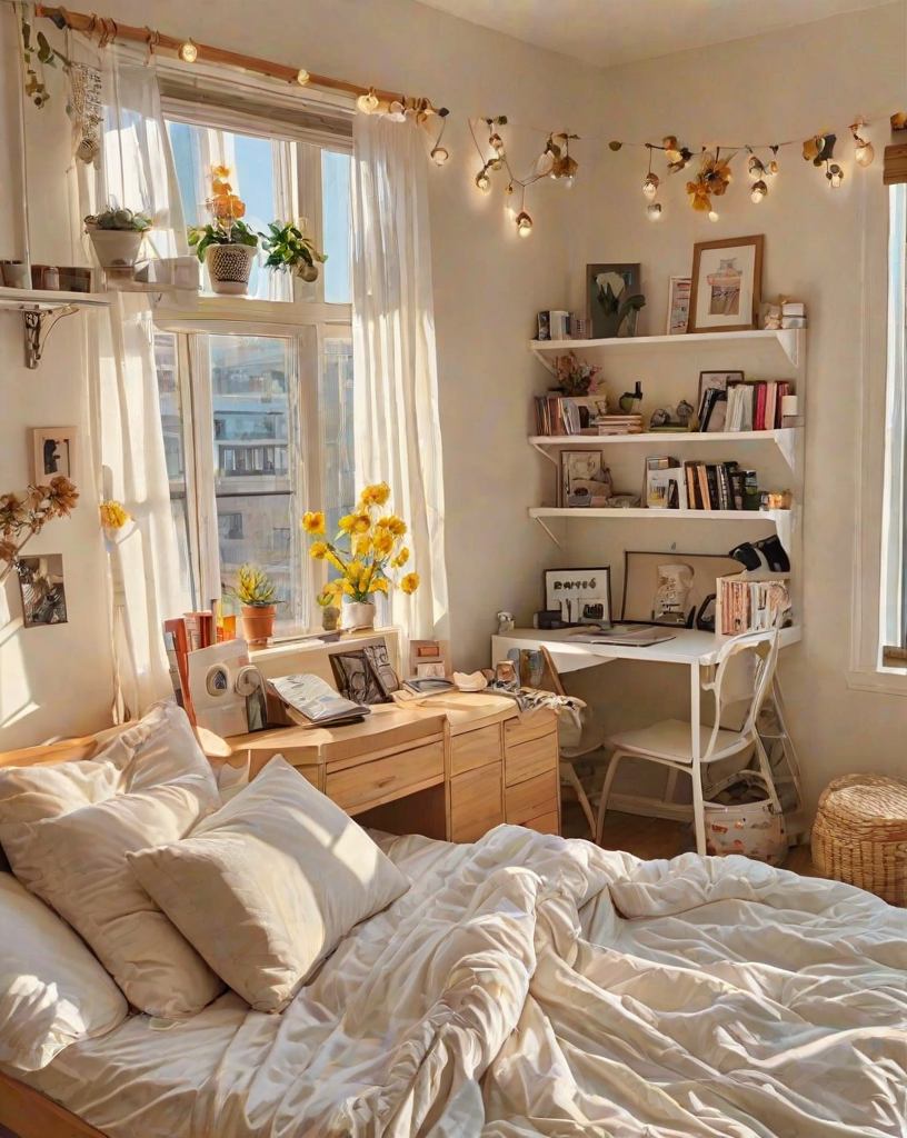 A cozy dorm room with a bed, desk, and bookshelf. The room is decorated with yellow flowers and has a window that lets in natural light. The bed is made with white sheets and pillows, and there is a chair next to the desk. The bookshelf is filled with books, creating a comfortable and inviting atmosphere.
