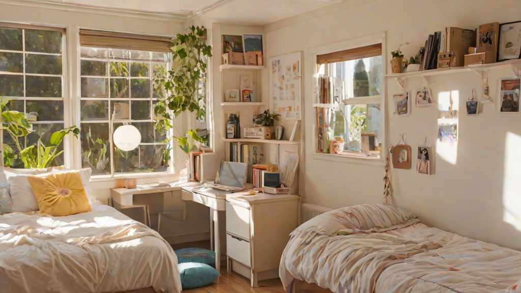 A dorm room with two beds and a desk with a laptop and books on it.