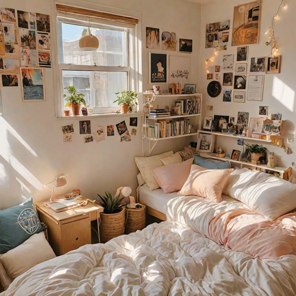 A cozy dorm room with a white bed and a window. The room is decorated with various items such as potted plants, books, and pictures. The bed is covered with a pink comforter and has a white pillow on it. The room also features a shelf with books and a cat statue.