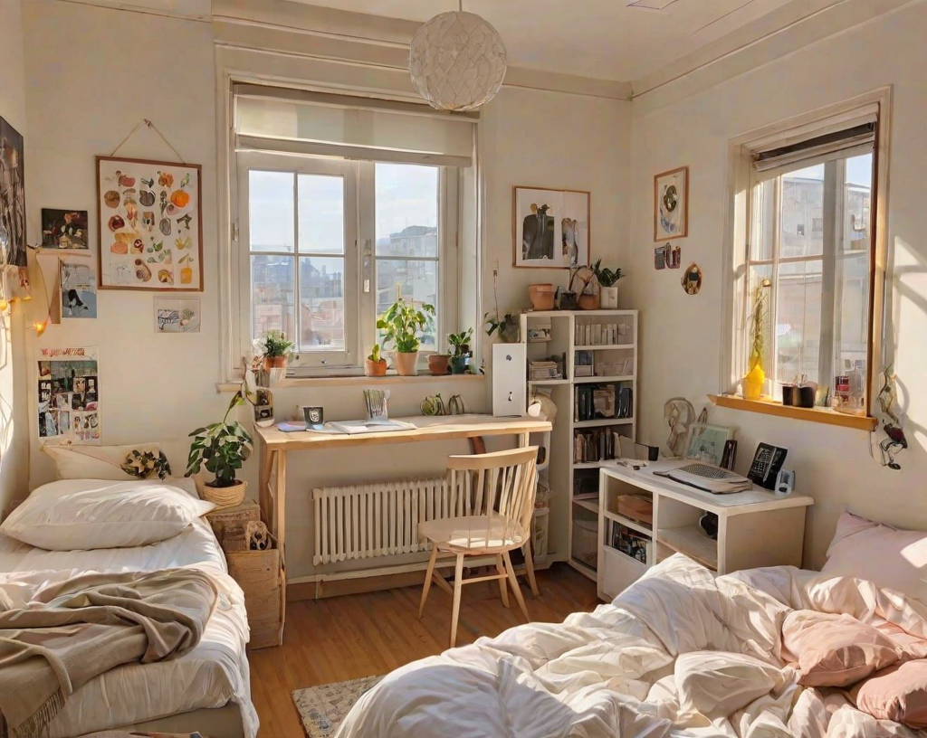 A bedroom with a bed, desk, and bookshelf. The room is filled with potted plants and has a large window.