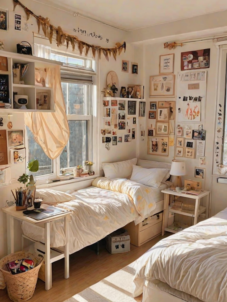 A cozy dorm room with a twin bed, a desk, and a window. The room is decorated with various pictures and has a comfortable atmosphere.