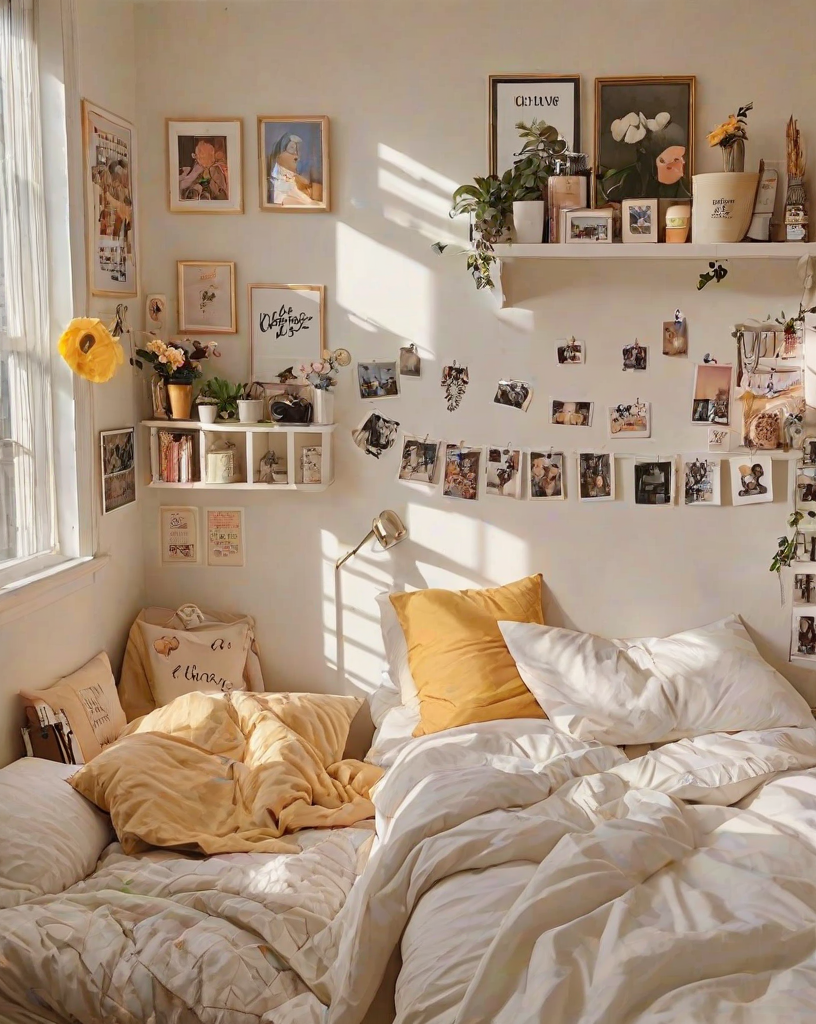 A cozy dorm room with a white bed and yellow pillows. The walls are adorned with various pictures and decorations, creating a personalized and inviting atmosphere.