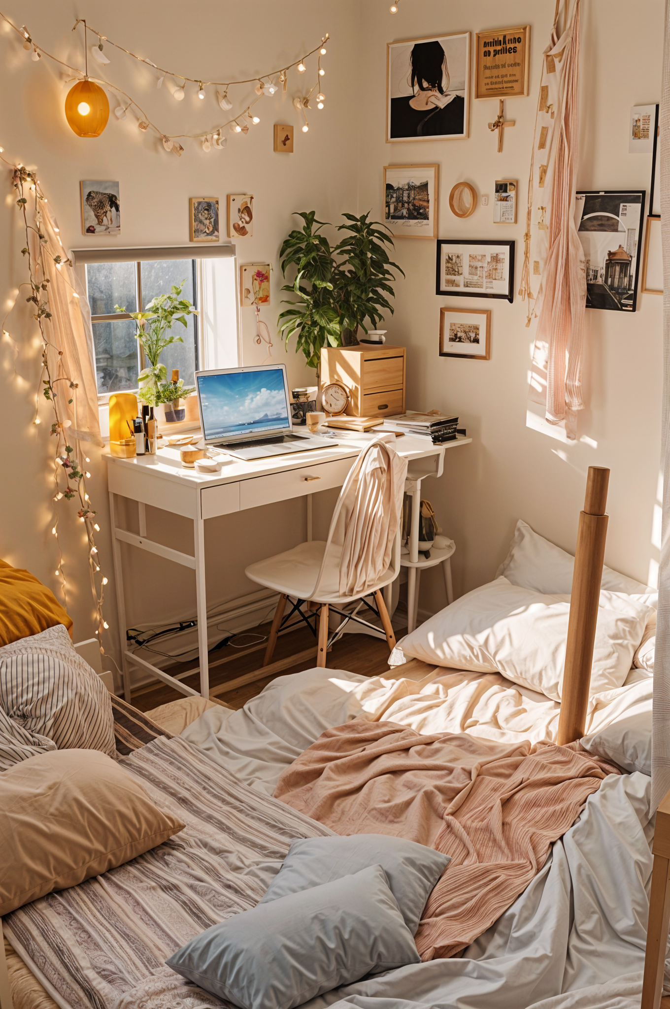 A bedroom with a bed, desk, and chair. The bed has a pink comforter and there is a laptop on the desk.