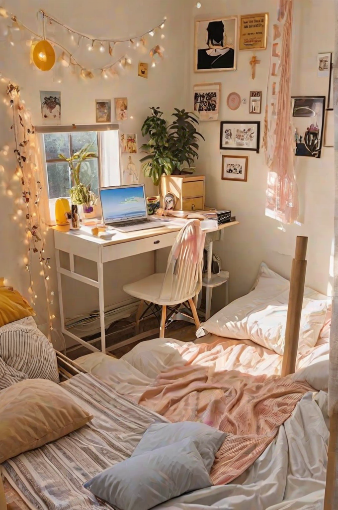 A bedroom with a bed, desk, and chair. The bed has a pink comforter and there is a laptop on the desk.