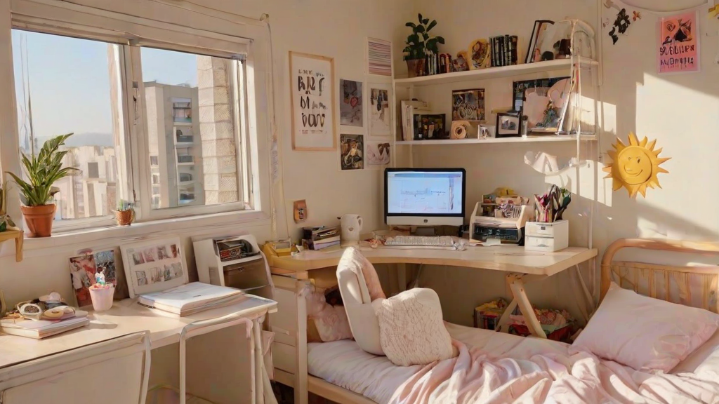 A dorm room with a bed, desk, and computer. The room is decorated with artwork and has a window view of the city.