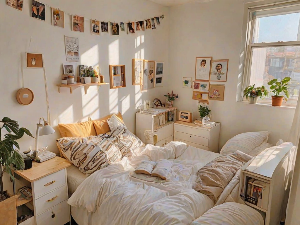 A bedroom with a bed, dresser, and pictures on the wall. The bed is covered in pillows and has a white comforter. There are also several potted plants and a book on the bed.