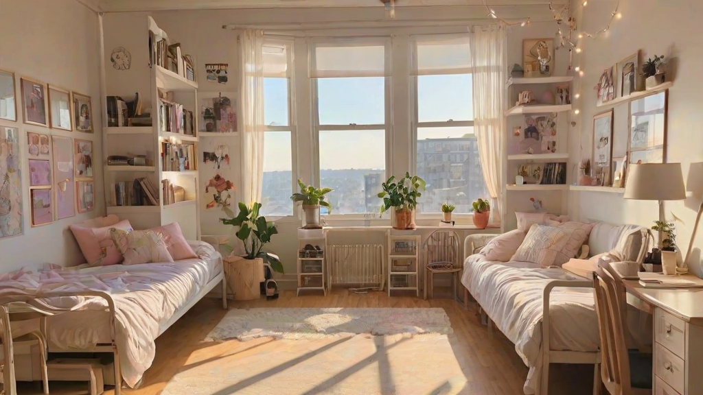 A dorm room with two beds, potted plants, and a large window overlooking the city.