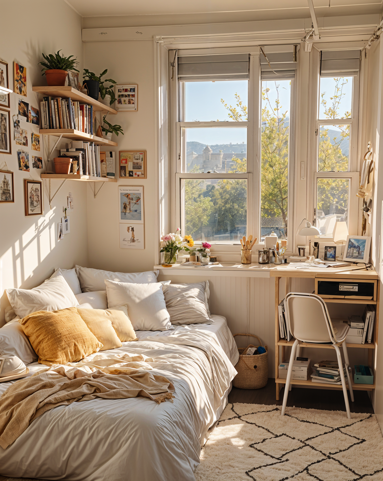 A cozy dorm room with a bed, chair, and bookshelf. The bed has a white comforter and is situated next to a large window. The room is decorated with various items such as potted plants, vases, and books.
