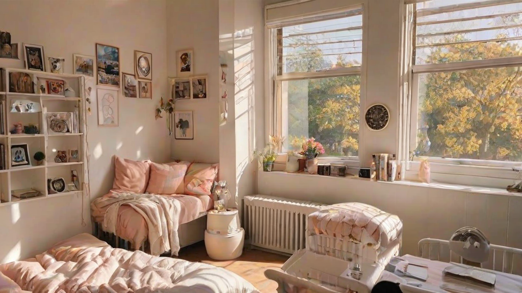 A cozy dorm room with a white theme and a large window. The room features two beds, a radiator, a small table, and a clock. There are also potted plants and vases adding to the room's decor. The room is well-lit by the sunlight coming through the window, creating a warm and inviting atmosphere.
