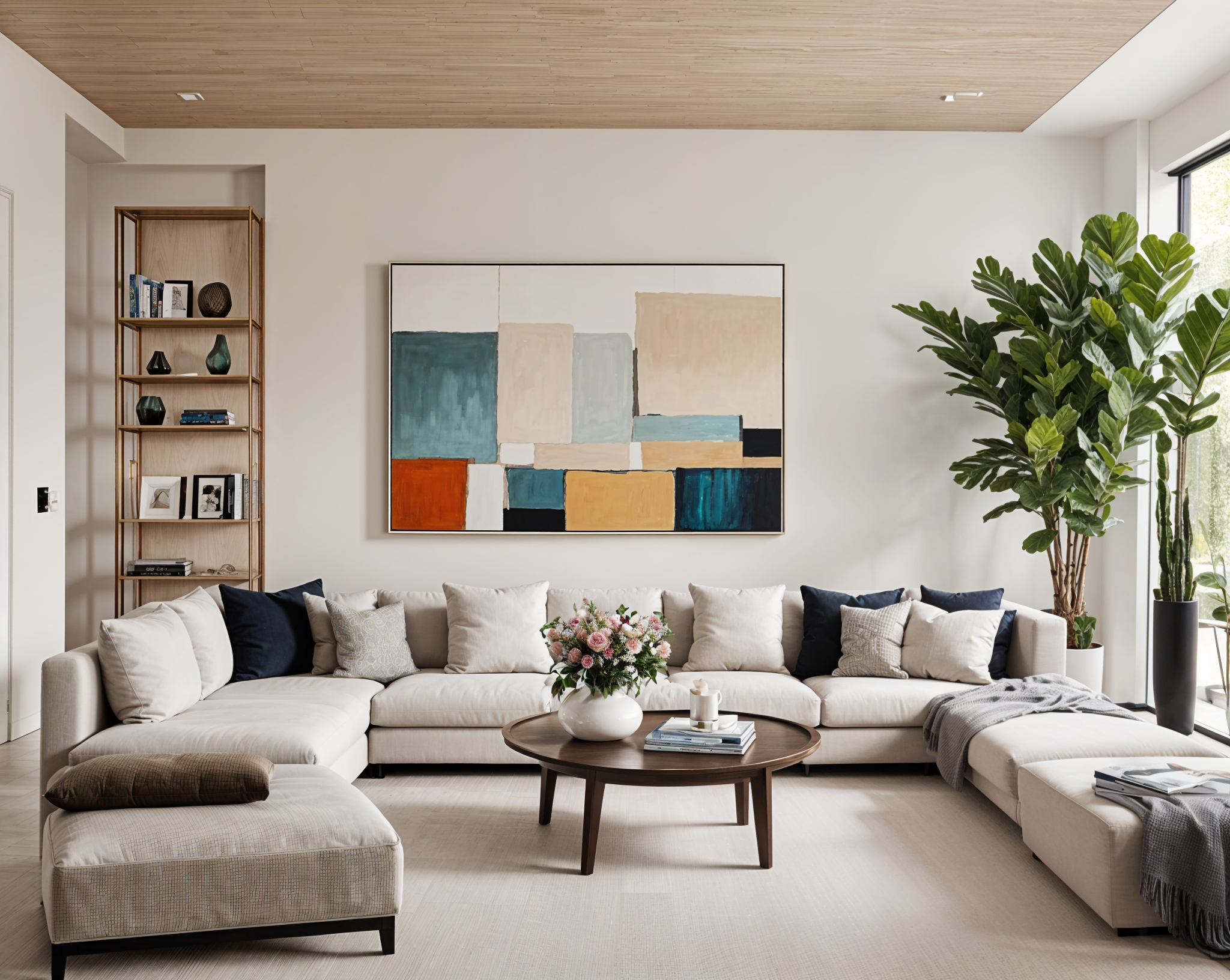 A contemporary living room with a large painting on the wall and a white couch. The room has a clean and modern design with a large window that allows for plenty of natural light. The couch is positioned in front of the painting, creating a focal point in the room. The room also features a bookshelf with several books and a potted plant that adds a touch of greenery to the space.