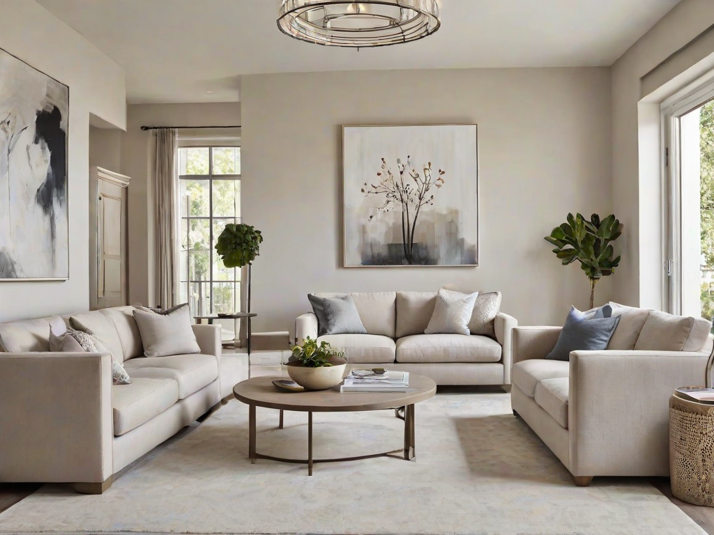 A contemporary living room with a couch, coffee table, and painting on the wall. The room is decorated with potted plants and a vase.