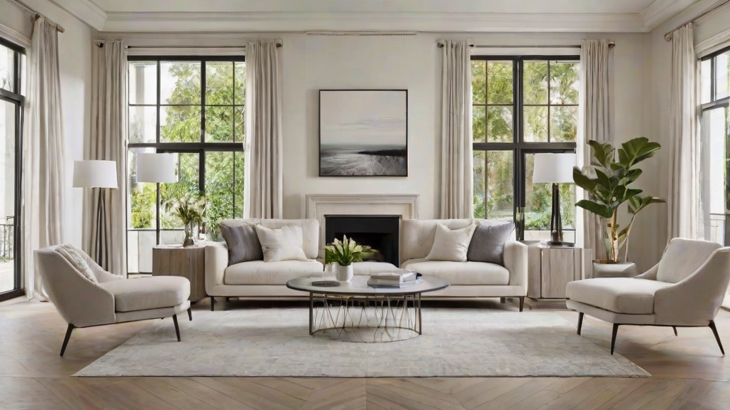 A contemporary living room with a fireplace and large windows.