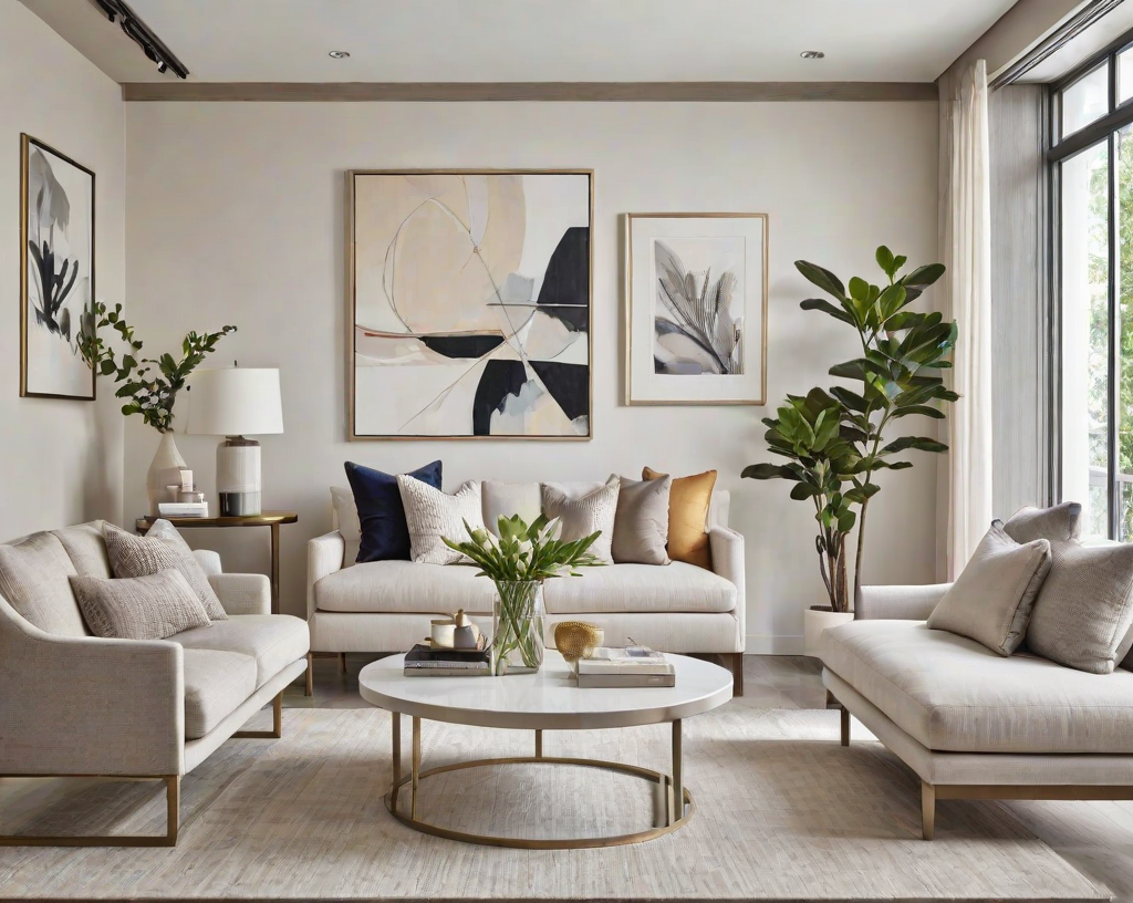 A contemporary living room with a white couch, round coffee table, and three paintings on the wall.