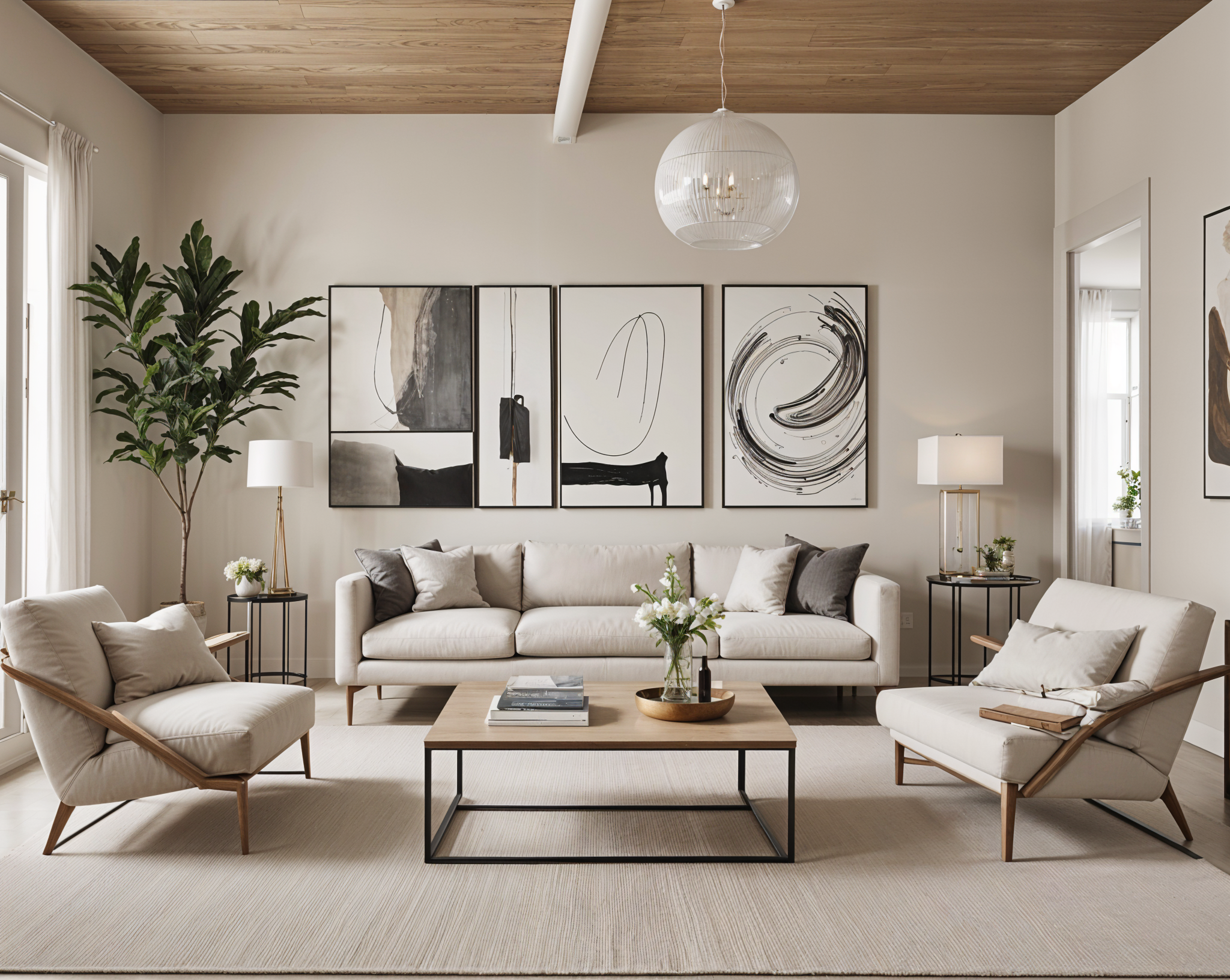 A contemporary living room with a white couch, coffee table, and chairs. The room is decorated with artwork and has a large window.