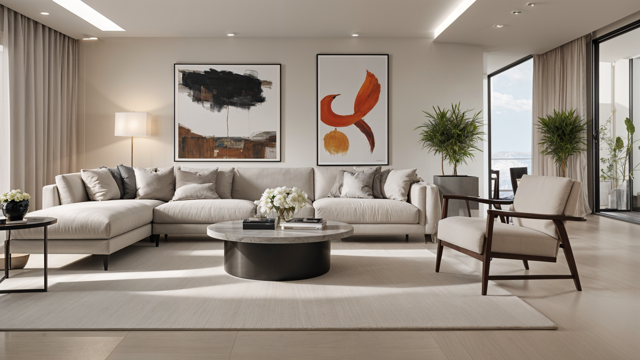 A contemporary living room with a couch, chair, coffee table, and artwork on the wall. The room is decorated with a rug and a potted plant.
