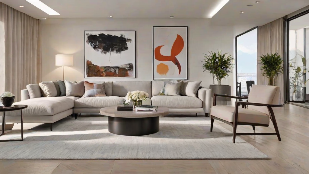 A contemporary living room with a couch, chair, coffee table, and artwork on the wall. The room is decorated with a rug and a potted plant.