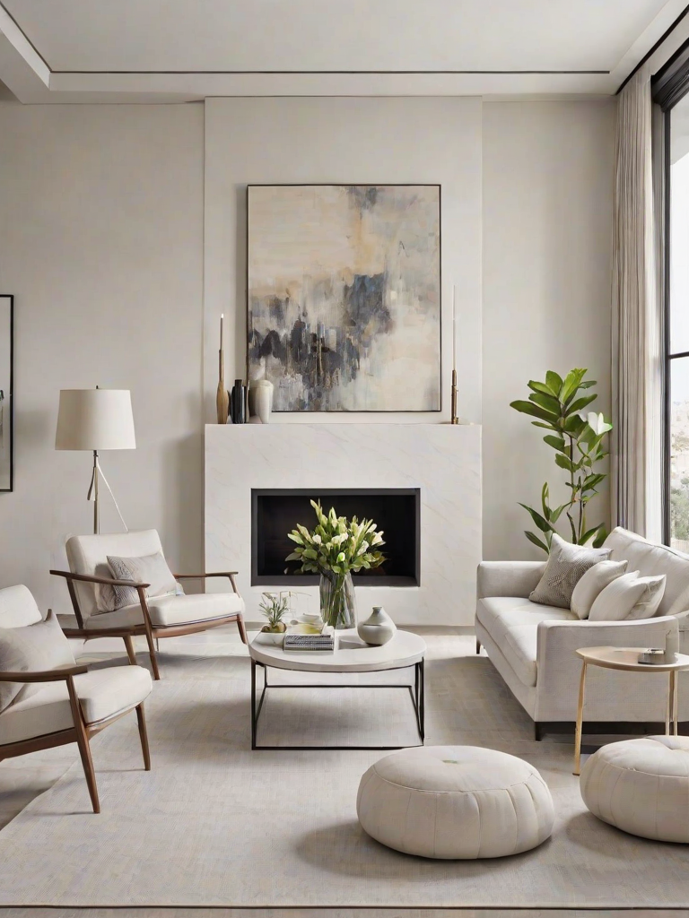 A contemporary living room with a fireplace and white furniture.