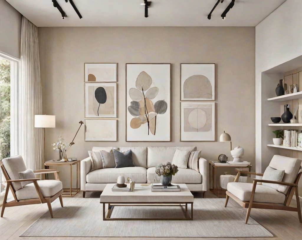 A contemporary living room with a white couch, coffee table, and three large paintings on the wall.