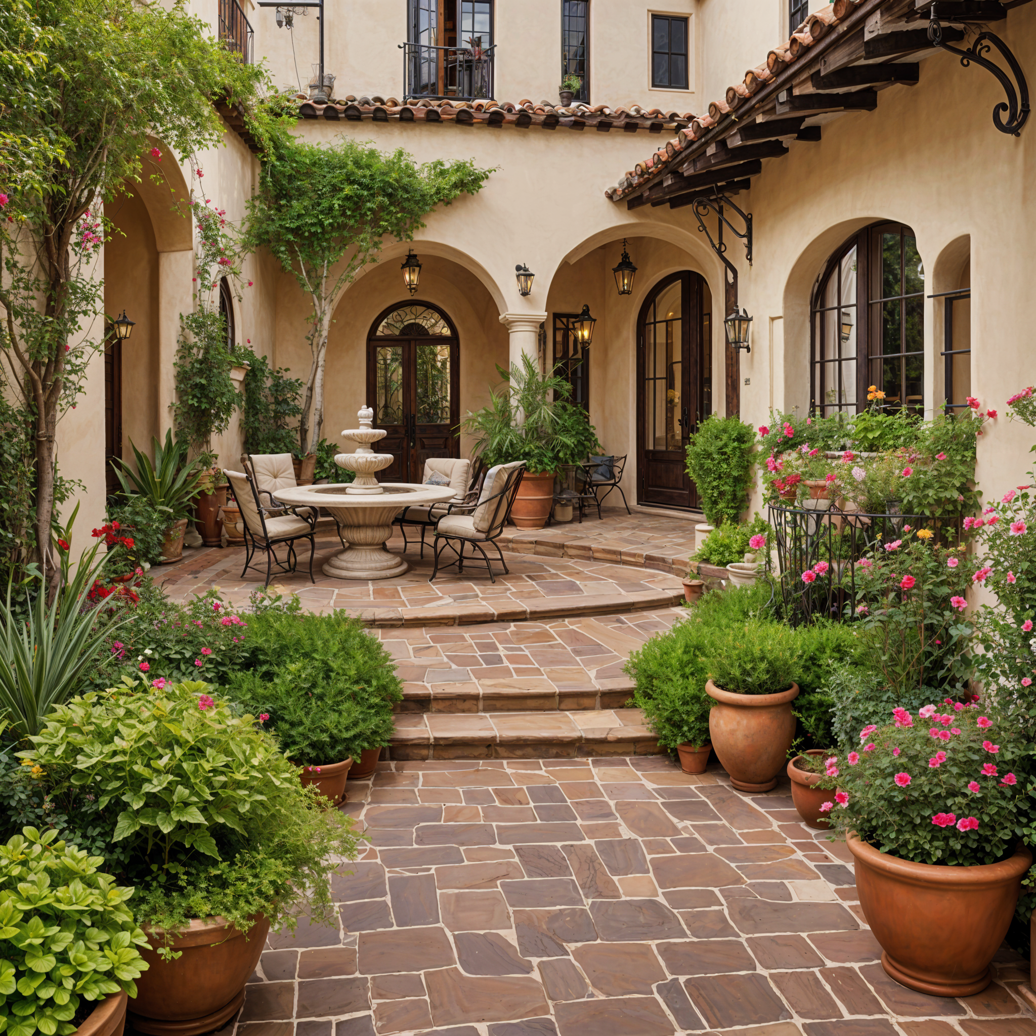 Spanish style house with a courtyard and a fountain, surrounded by potted plants and flowers.