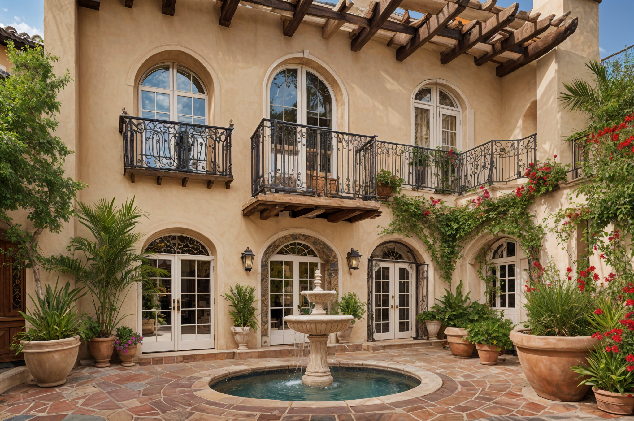 A house with a fountain and balcony in the courtyard