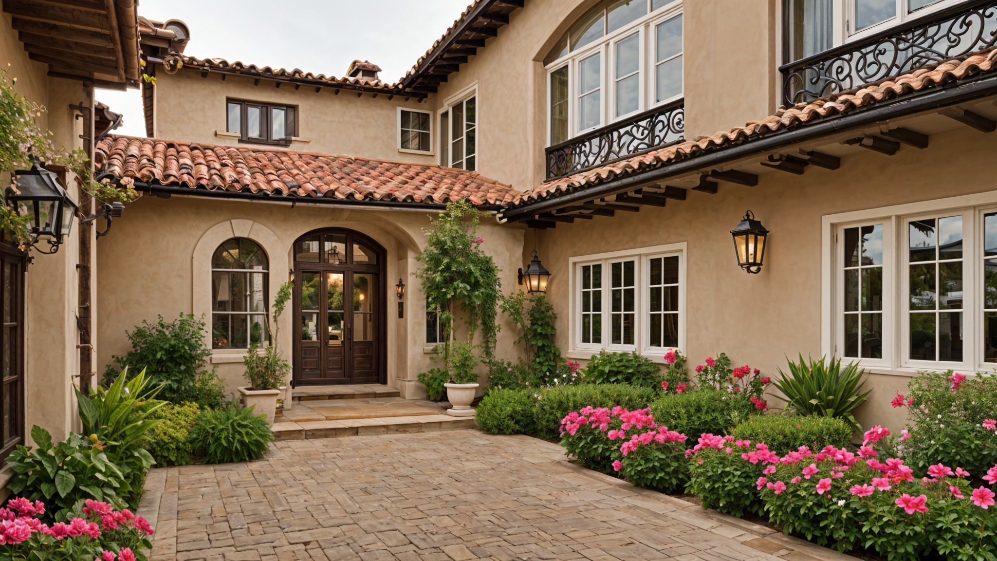 A Spanish style house with a red tile roof, a brick driveway, and a well-maintained front yard with potted plants and flowers.