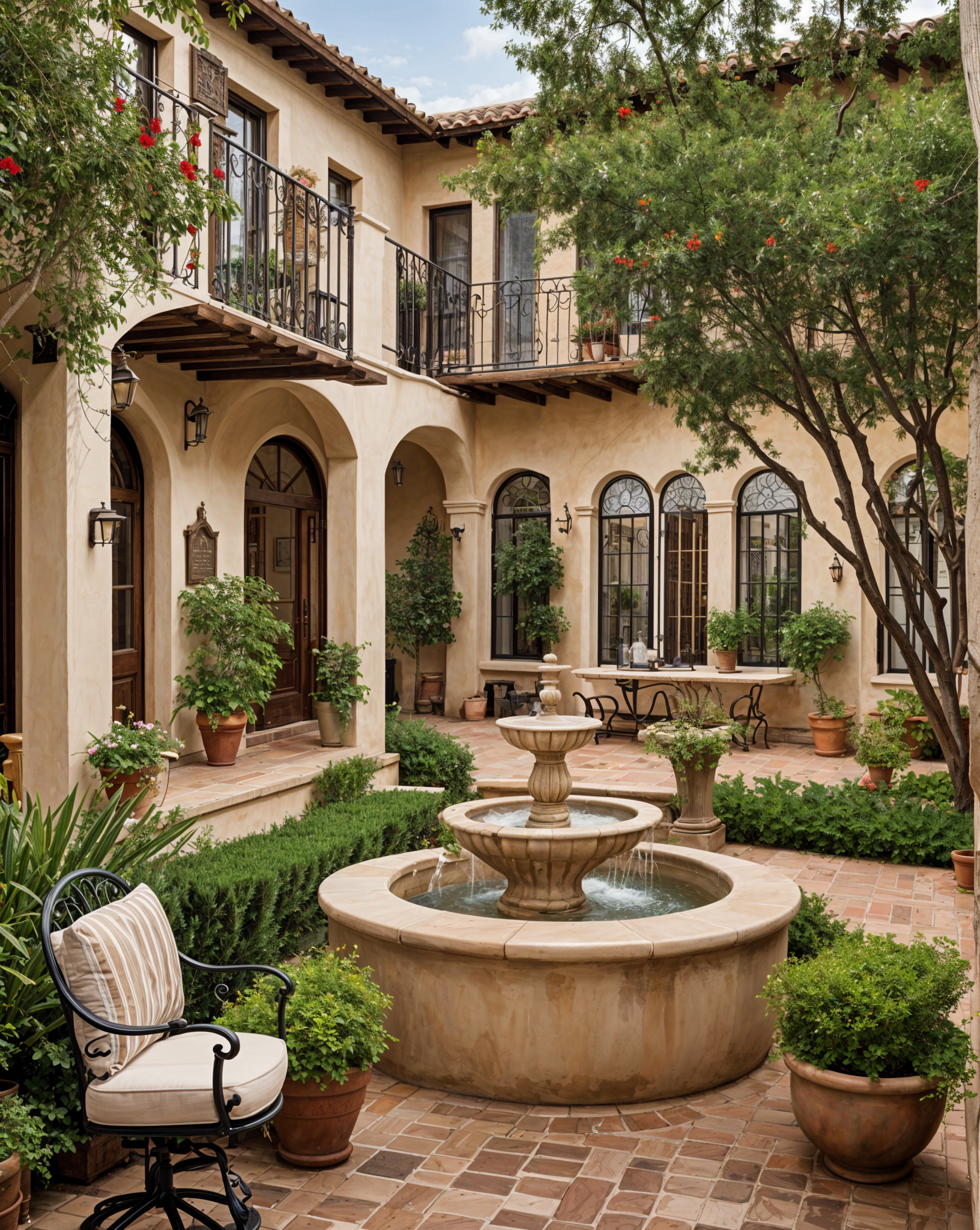 A house with a Spanish style architecture and a fountain in the middle of a garden. The garden is filled with potted plants and flowers.