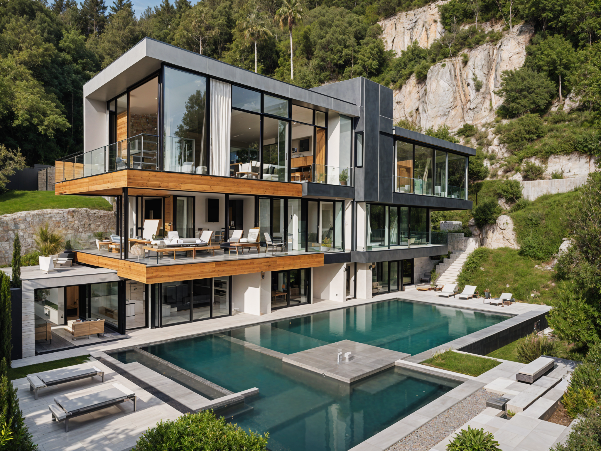 A modern house exterior with a large pool and deck. The house has a gray and brown color scheme. The pool is surrounded by chairs and a bench.
