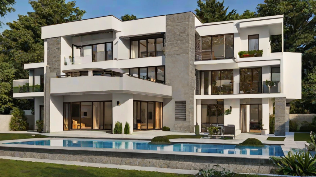 A modern house exterior with a pool and patio area
