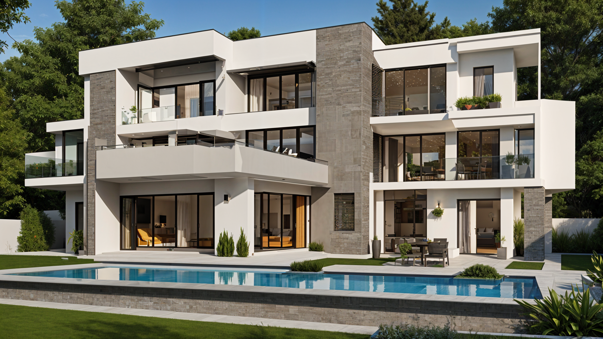 A modern house exterior with a pool and patio area