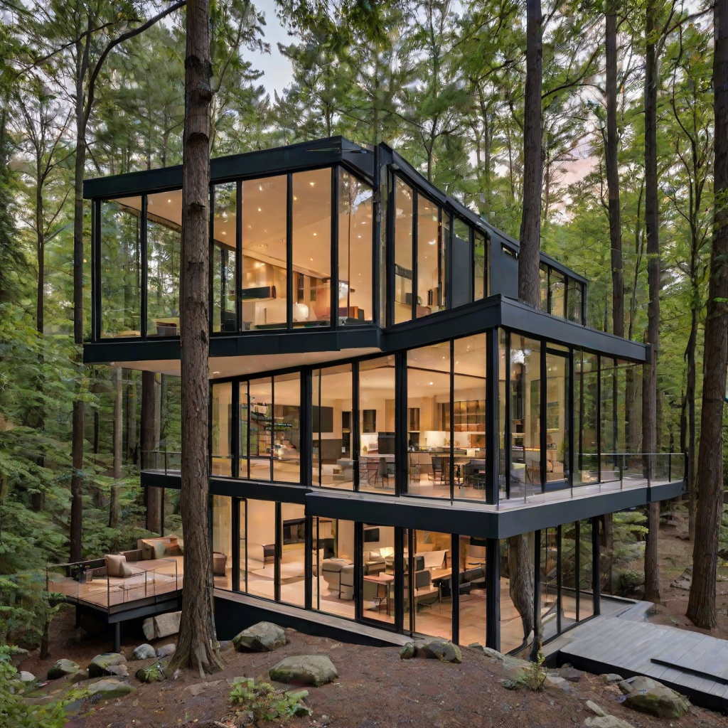 Modern house exterior with a treehouse-like design and large glass wall.