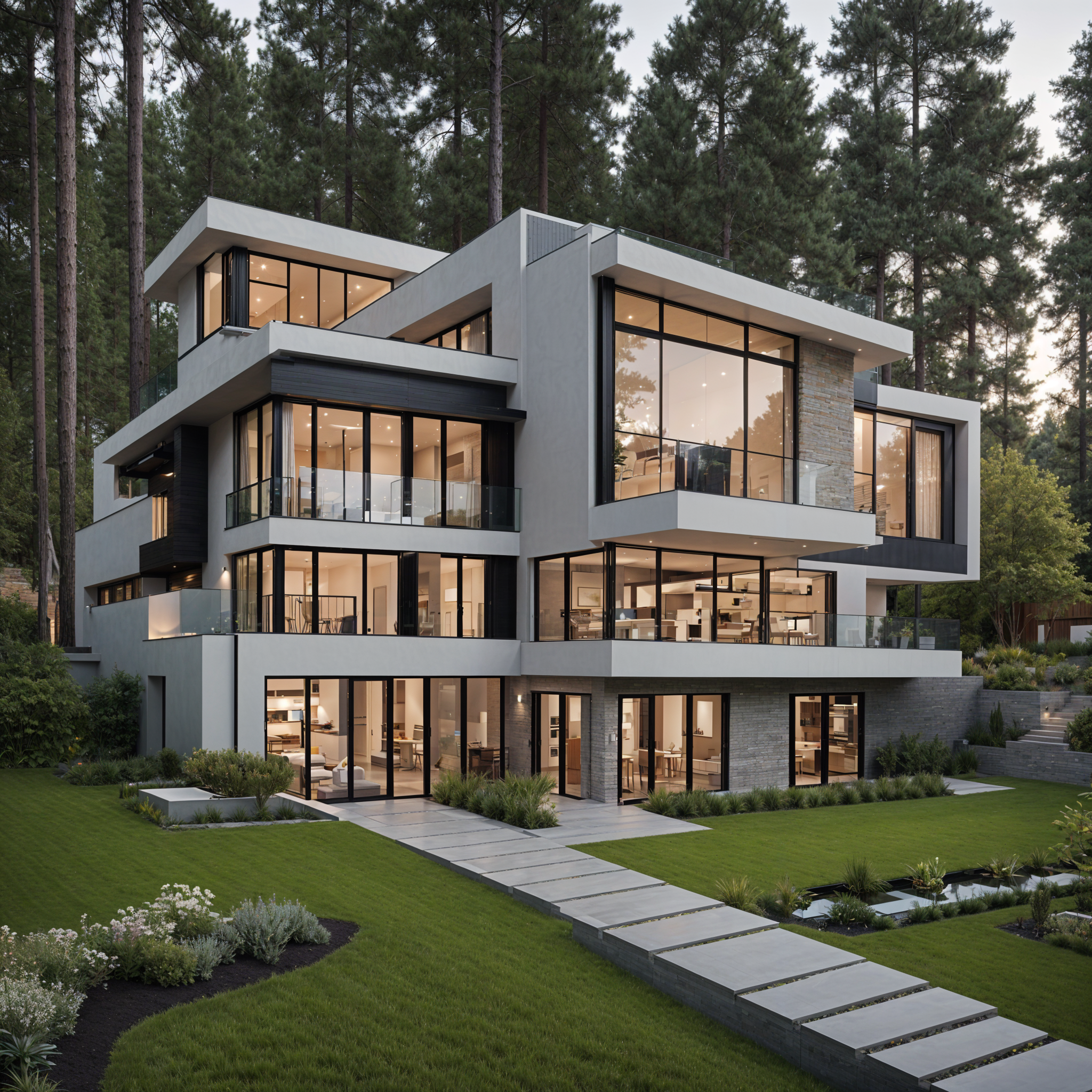 A large, modern house with a white exterior and multiple windows. The house is situated on a lush green lawn with trees in the background.
