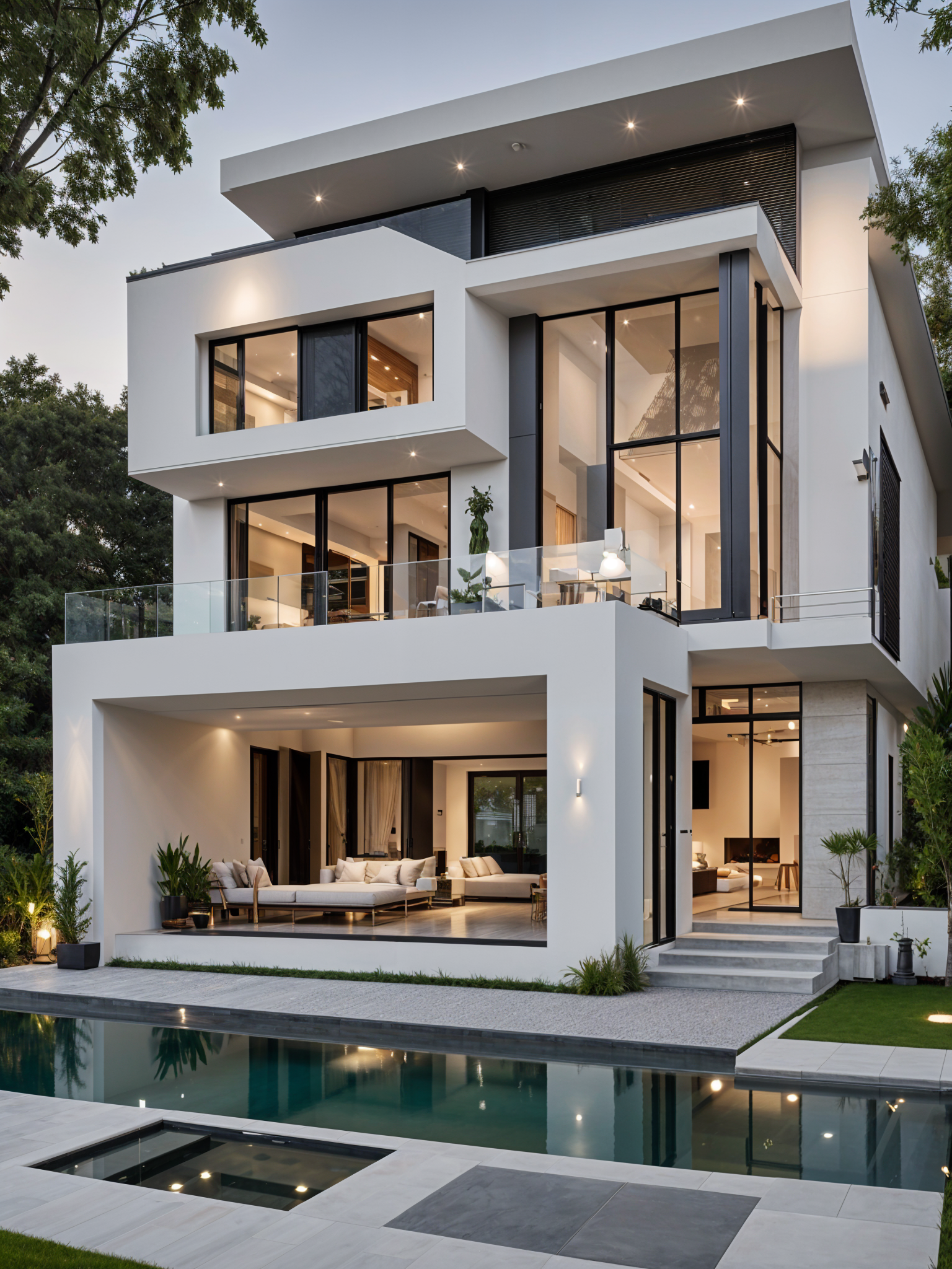 A modern house exterior with a swimming pool and living area. The house has a white and black color scheme and features a large window in the living room.
