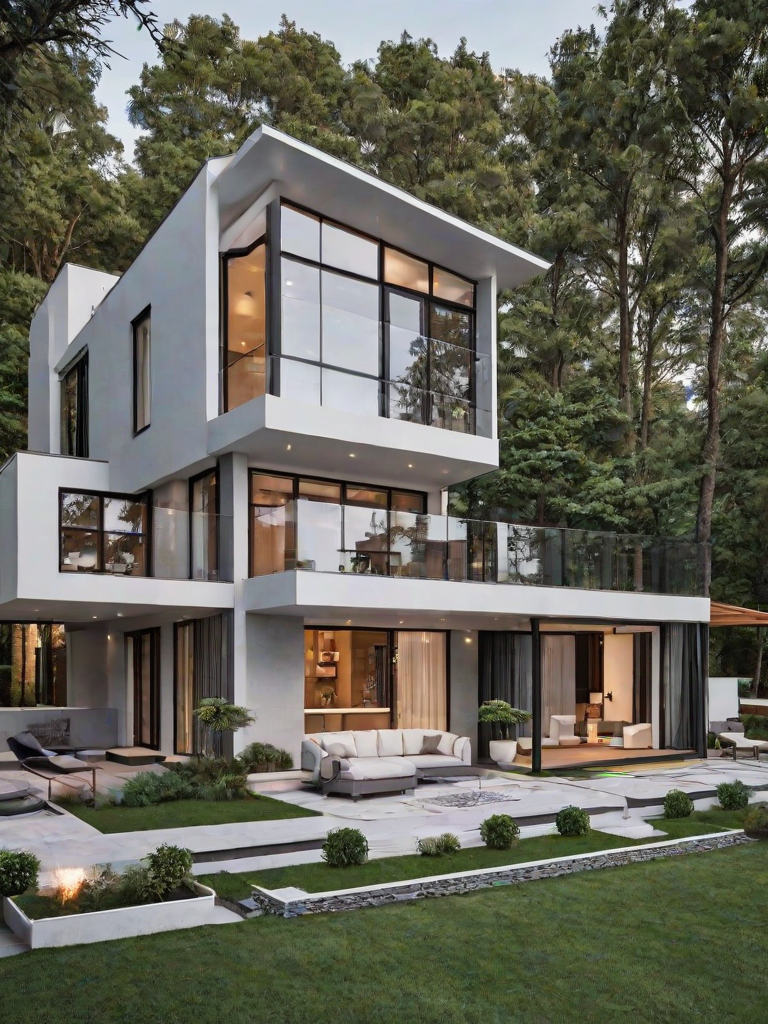 A modern house exterior with a white and glass design, featuring a large deck and a patio with a fire pit. The house is surrounded by trees and has a large window on the second story. The front of the house has a large glass wall, and the back of the house has a deck with a fire pit. The house is situated on a grassy area with a pond nearby.