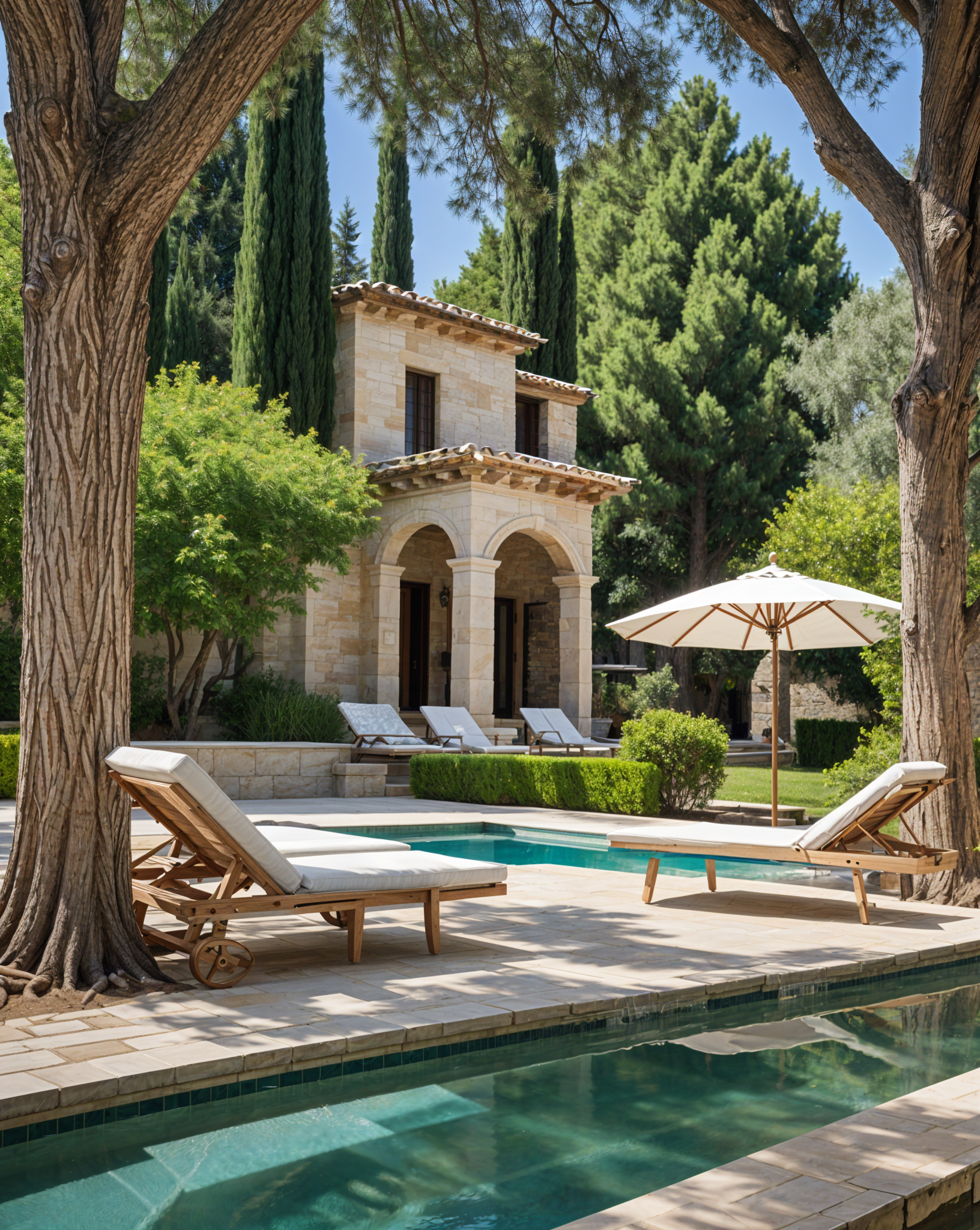 Mediterranean-style house with a pool and patio area, featuring a large white chair and couch under a large umbrella.