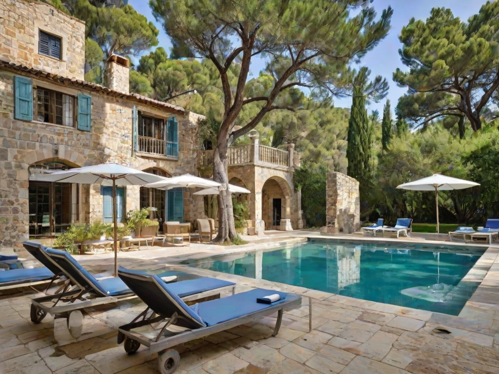 Mediterranean-style house with a large swimming pool and patio area, featuring several chairs and umbrellas.