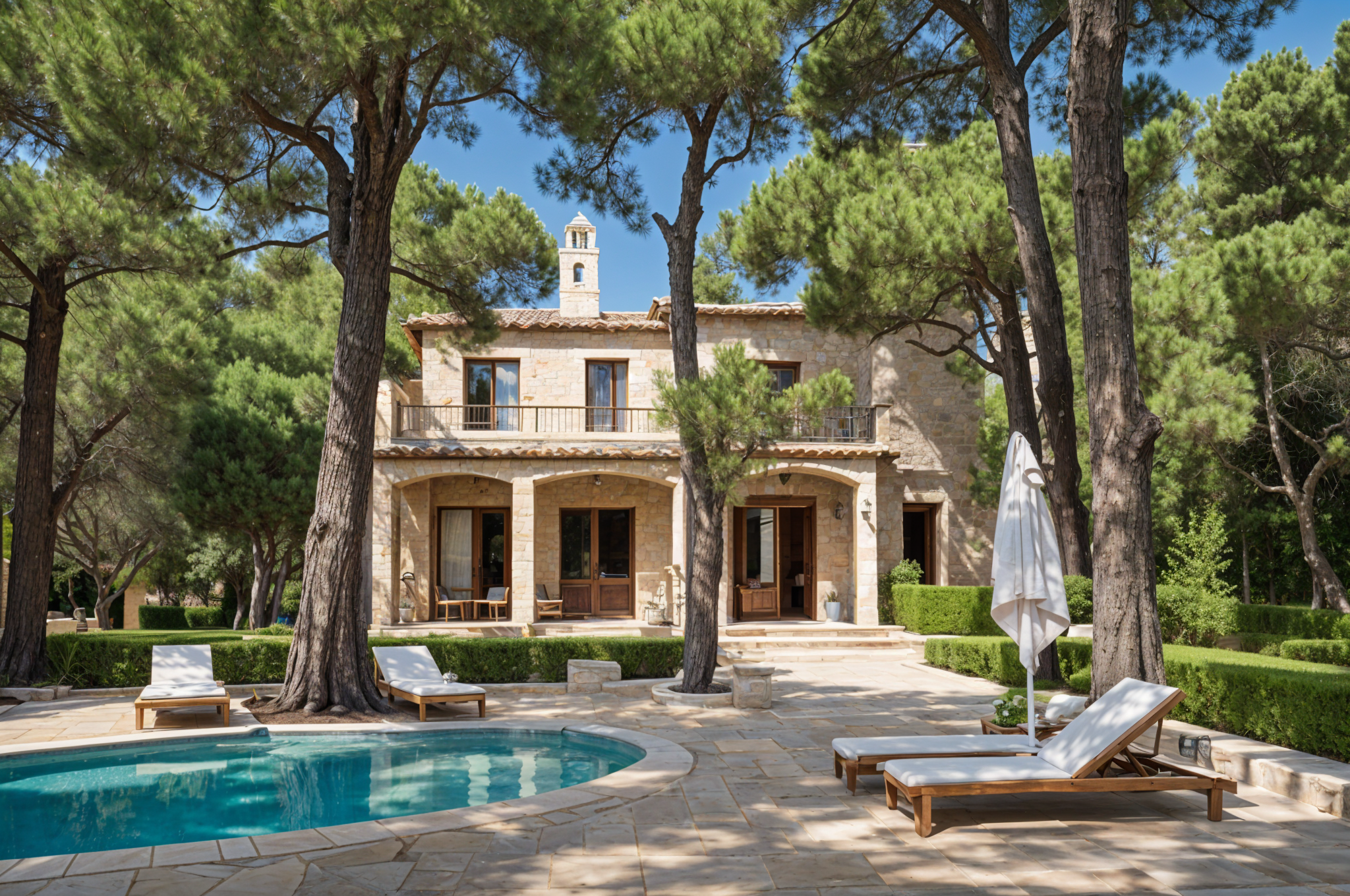 Mediterranean-style house with a pool, patio furniture, and trees in the background.