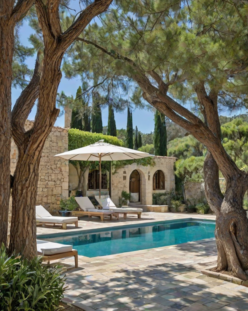 Mediterranean house exterior with pool, patio furniture, and umbrella