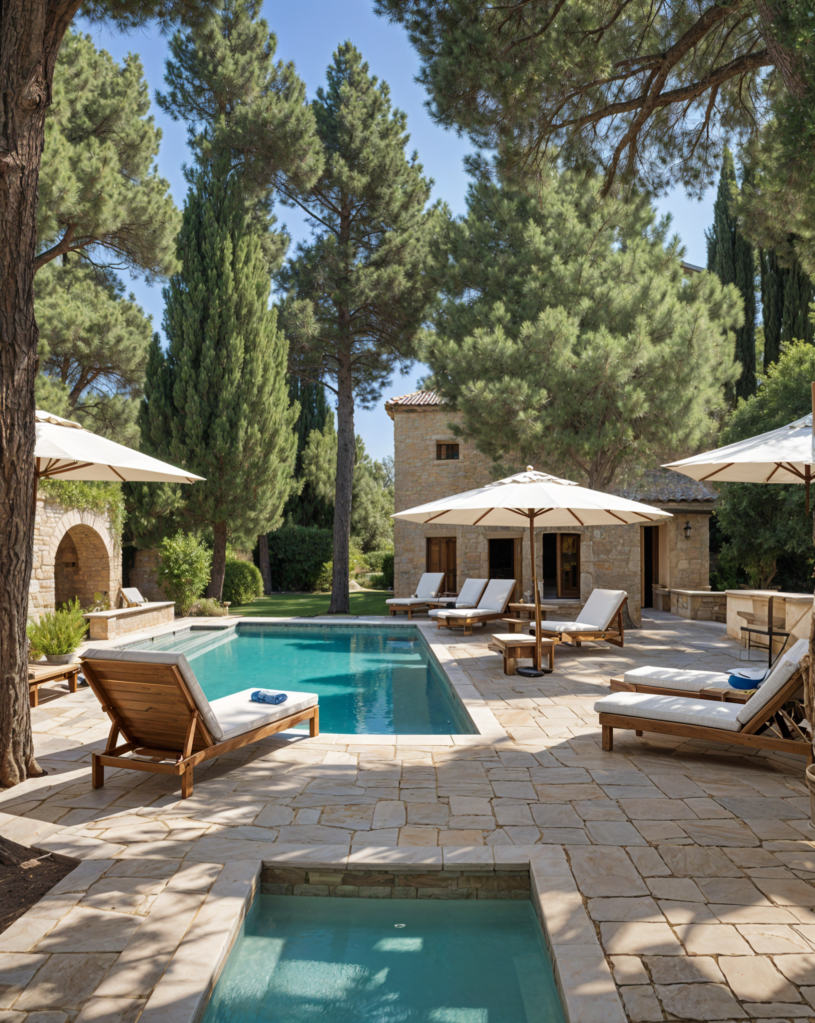 Mediterranean-style house with a large pool and patio area, featuring chairs and umbrellas for relaxation.