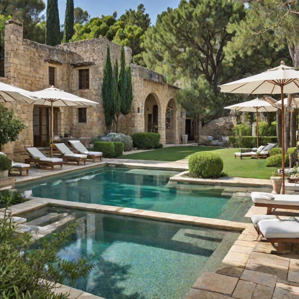 Mediterranean-style house with a large swimming pool and patio area, featuring chairs and umbrellas.