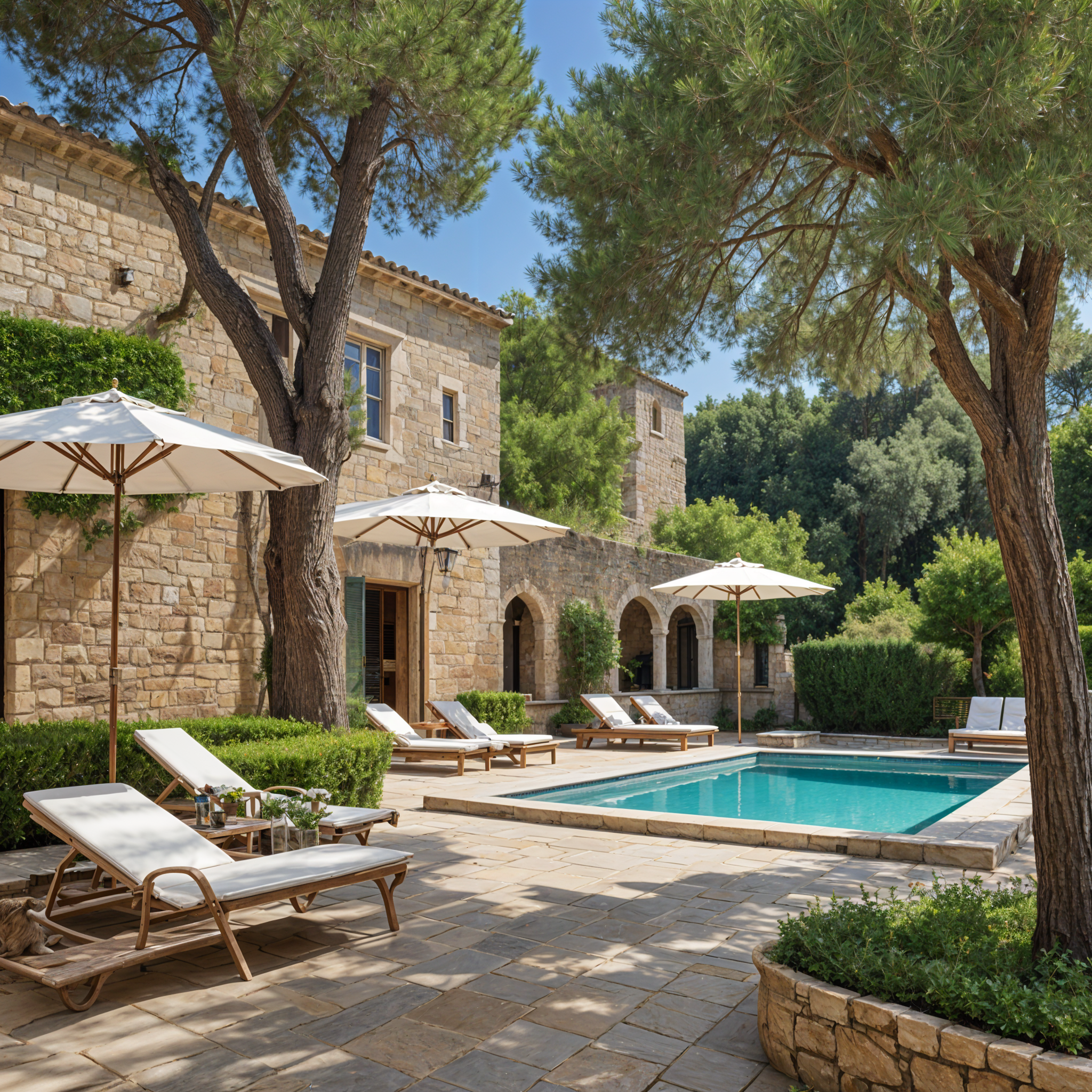 Mediterranean house exterior with pool, chairs, and umbrellas