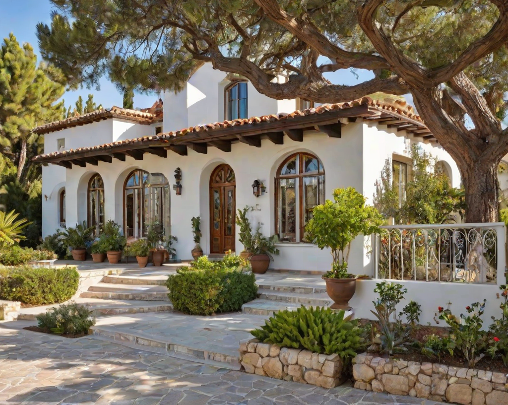 A Mediterranean style house with a garden in front of it.