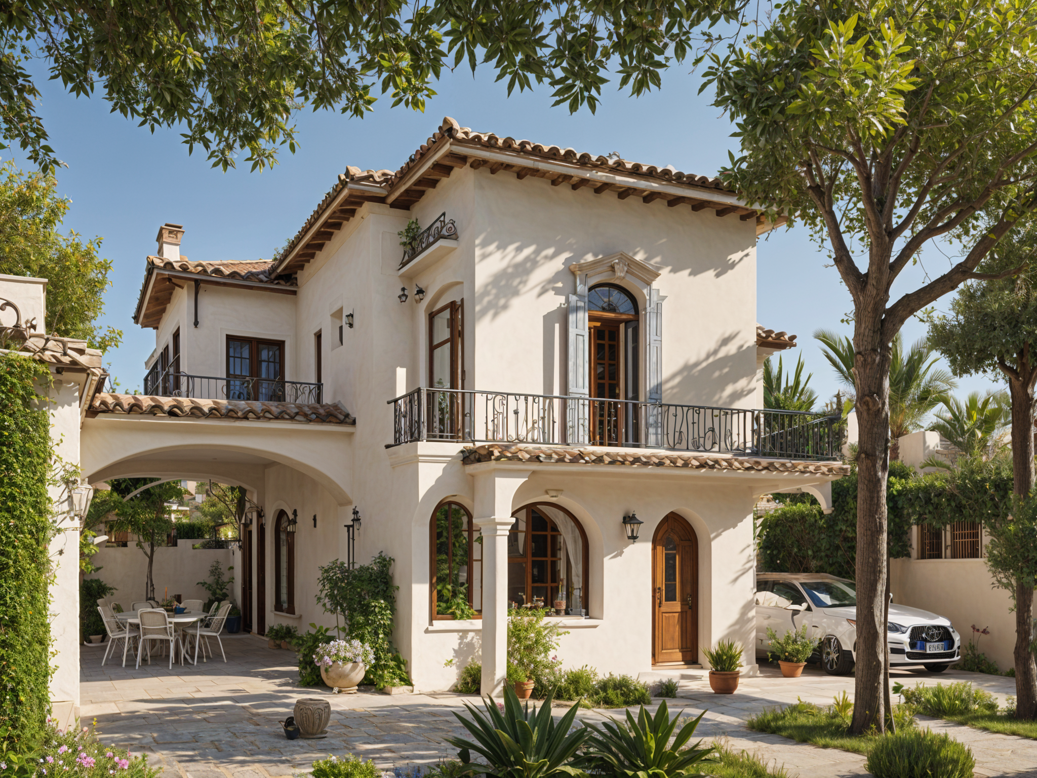A large white Mediterranean style house with a garden and a patio. The house has a large balcony with a view of the garden. The garden is filled with green plants and potted plants, creating a beautiful and serene atmosphere. The patio is furnished with chairs and a dining table, making it an inviting space for outdoor dining and relaxation.