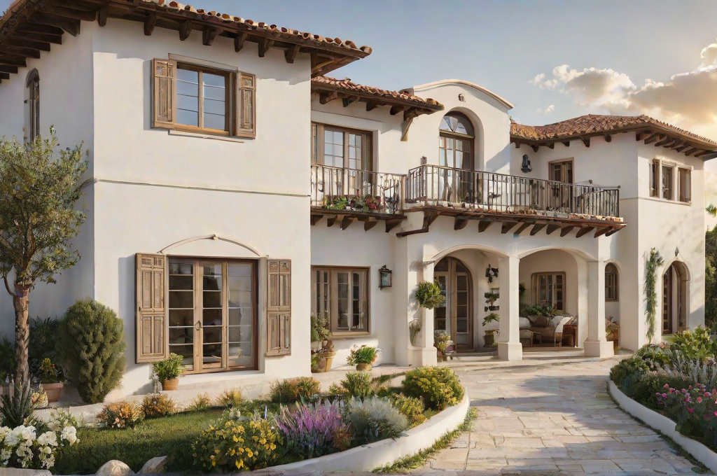 A large white house with a balcony and a garden. The house has a Mediterranean design style.