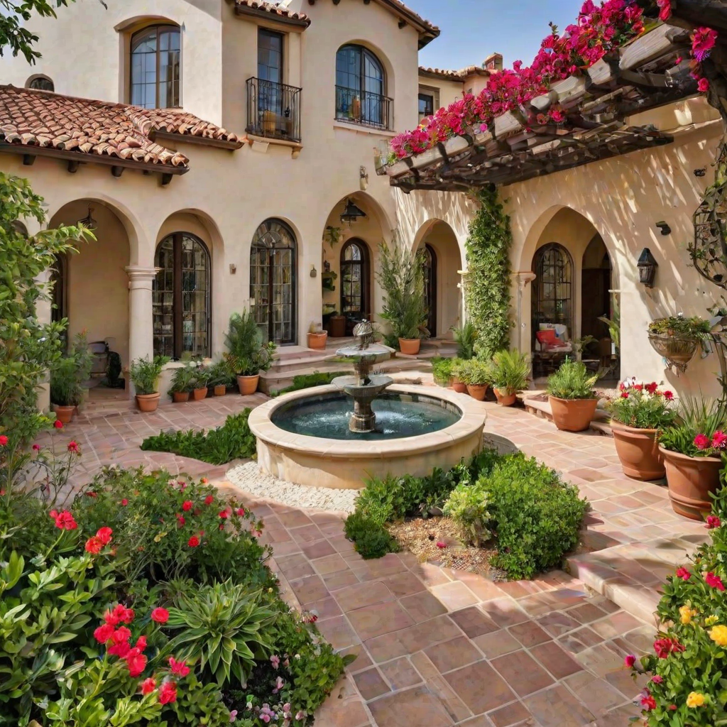 Mediterranean house with a garden featuring a fountain, potted plants, and flowers