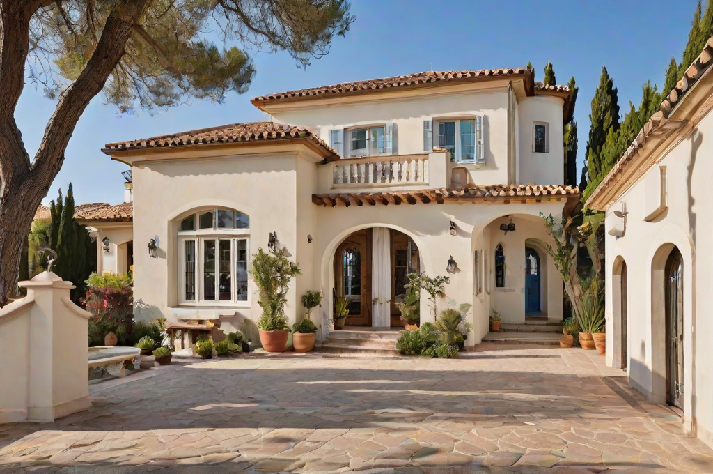 A Mediterranean-style house with a beautiful garden. The house is white with a red roof and a large front porch. The garden is filled with various potted plants and trees.