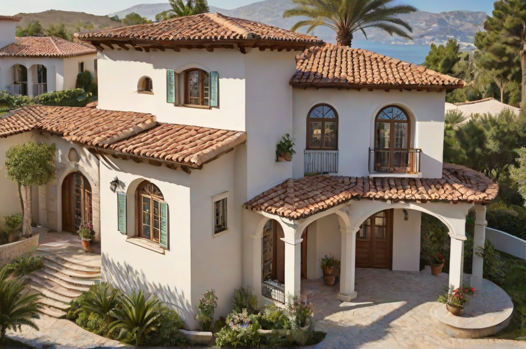 A large white Mediterranean house with a red tile roof and a garden. The house has a balcony and a patio with potted plants. The garden is filled with greenery and flowers, creating a beautiful and serene atmosphere.