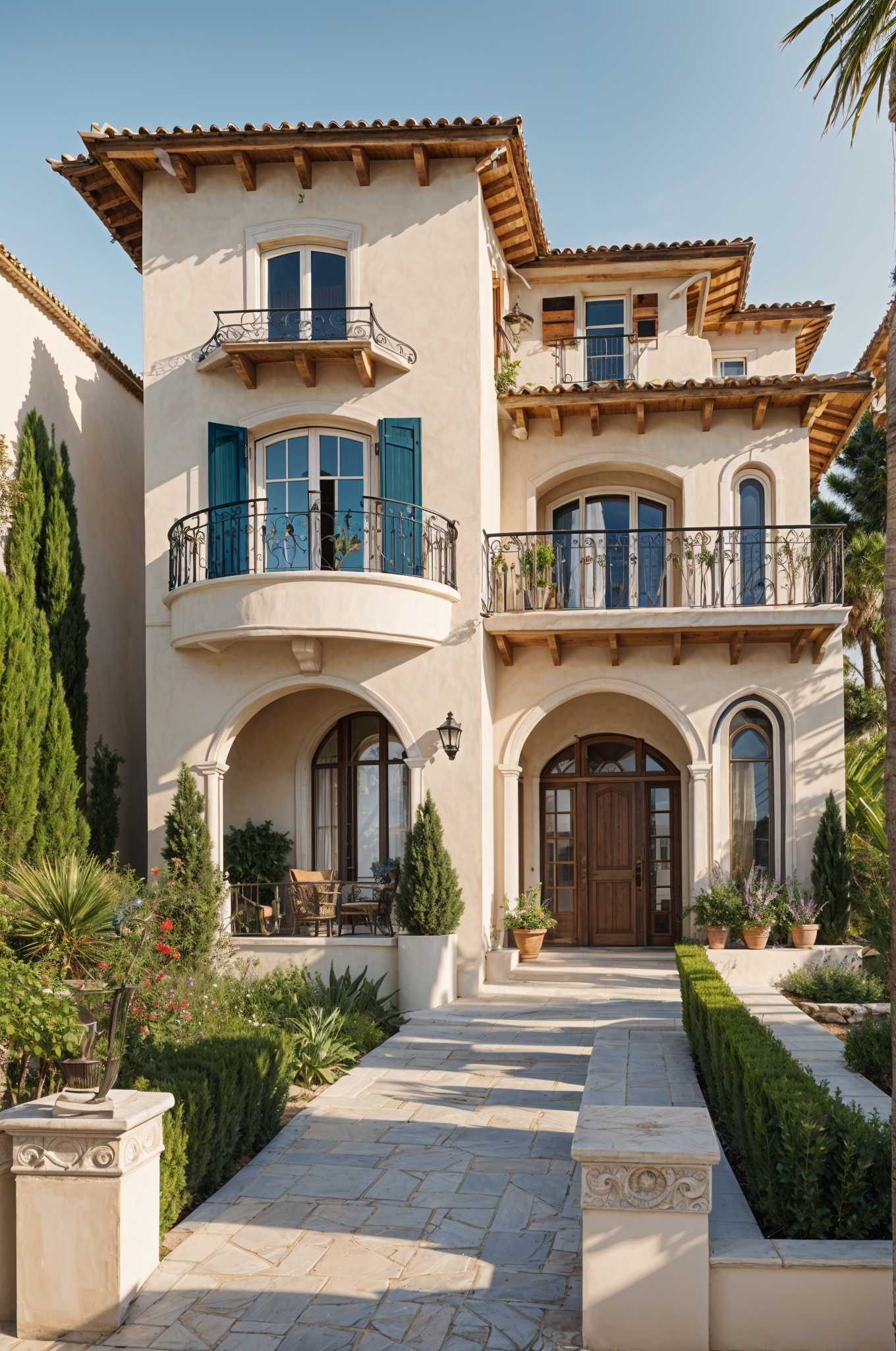 A Mediterranean style house with a garden and a walkway leading up to the front door.